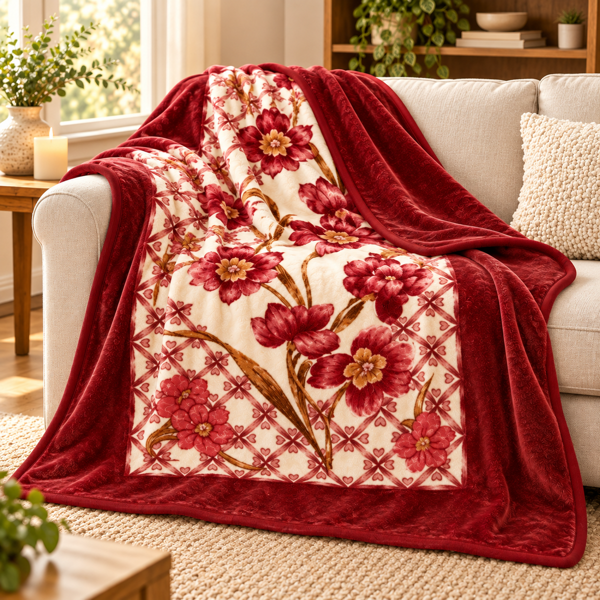 Queen Size Reversible Plush Blanket, 1 Ply Red Floral Korean Mink Raschel