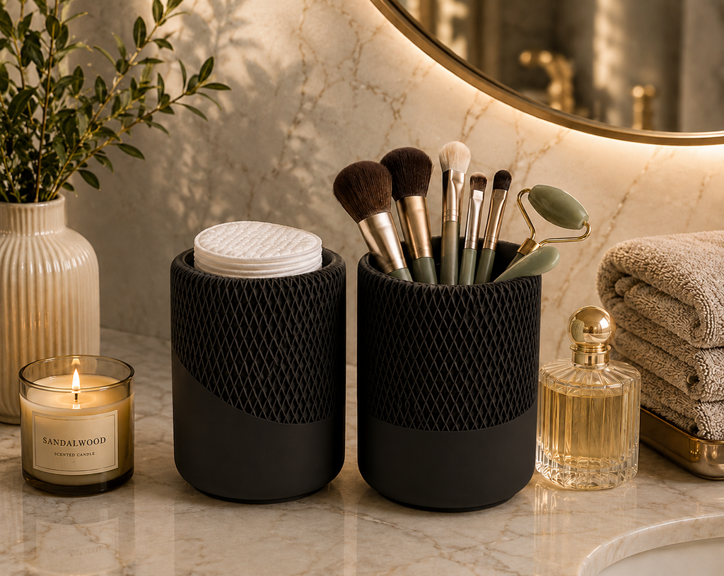 Modern Decorative Organizer Set of 2, Ribbed Vanity & Desktop Storage Cups
