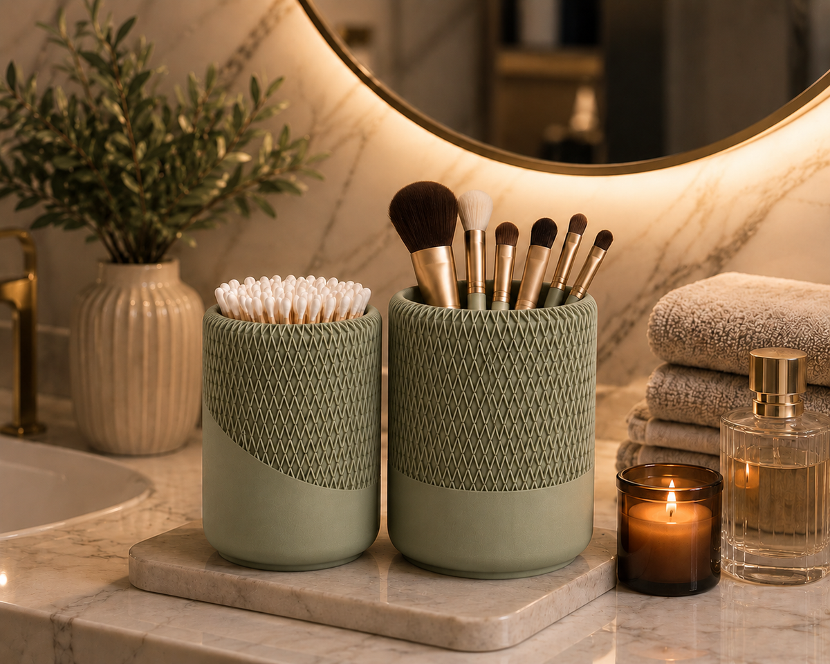Modern Decorative Organizer Set of 2, Ribbed Vanity & Desktop Storage Cups