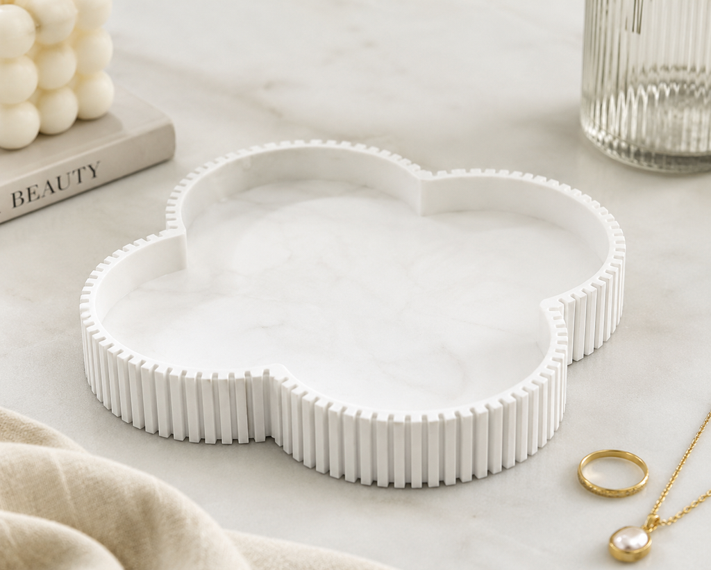 Decorative Clover Tray, Fluted Vanity Tray for Bathroom Counter, Perfume Organizer, Jewelry Holder and Home Decor Accent