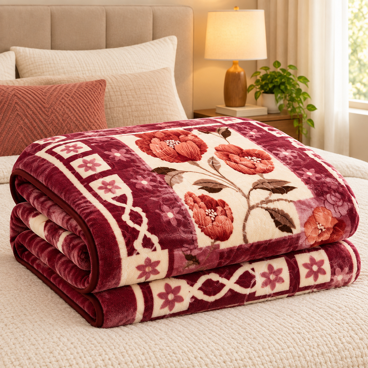 Queen Size Reversible Plush Blanket, 1 Ply Burgundy Floral Korean Mink Raschel