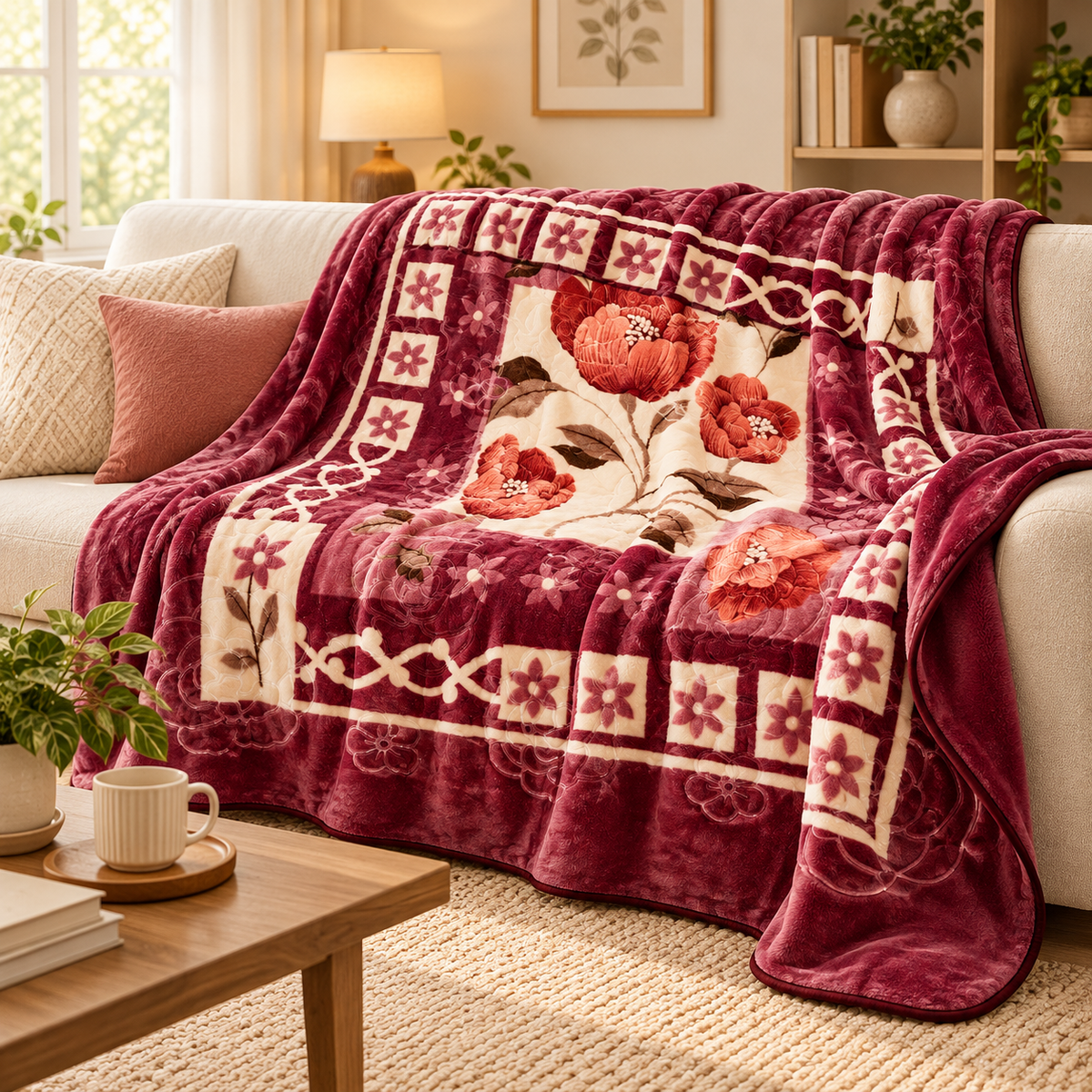 Queen Size Reversible Plush Blanket, 1 Ply Burgundy Floral Korean Mink Raschel