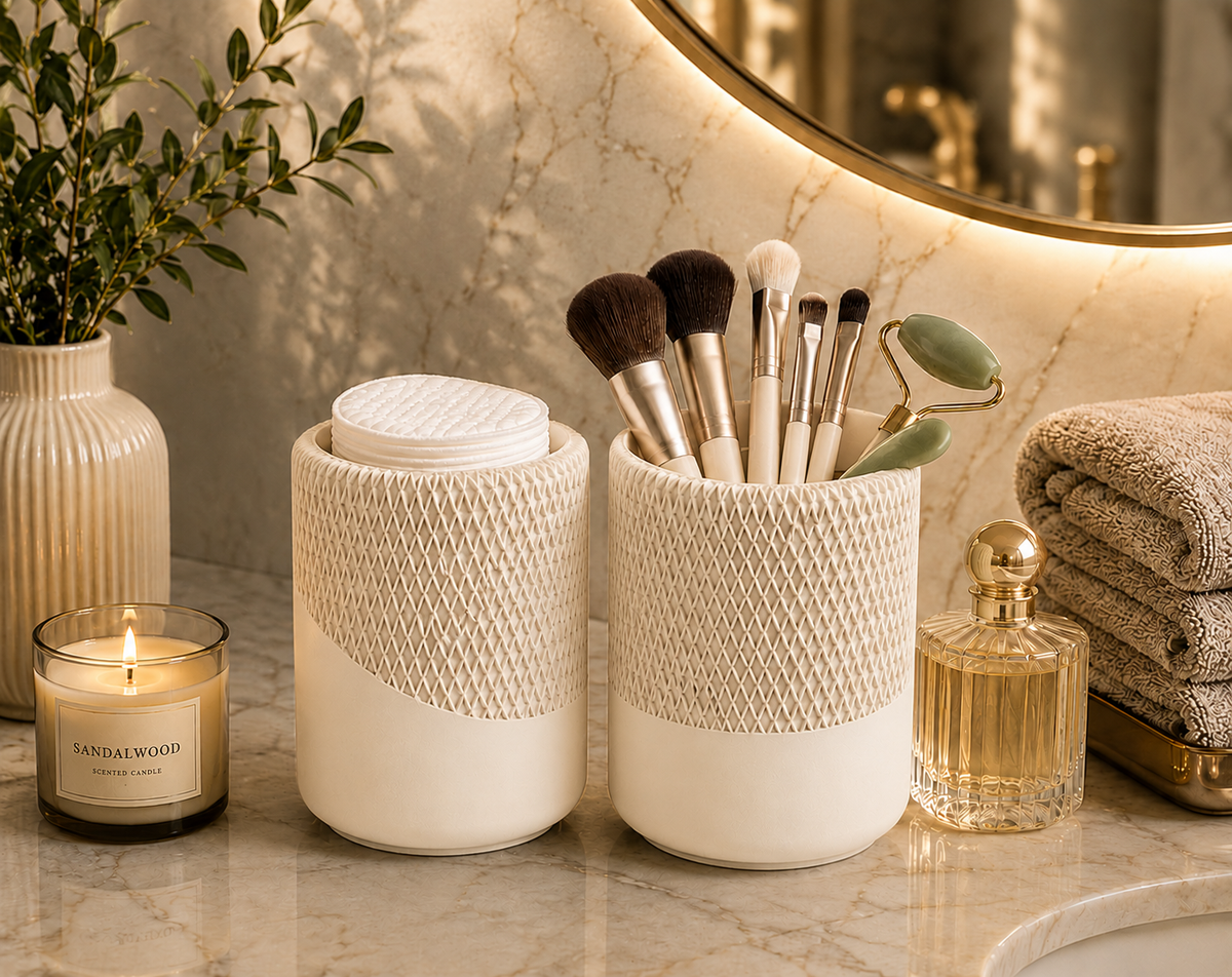 Modern Decorative Organizer Set of 2, Ribbed Vanity & Desktop Storage Cups