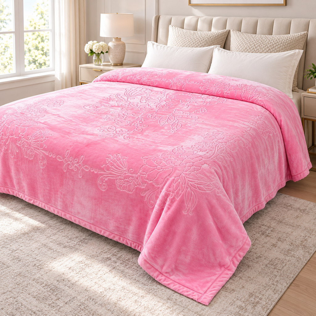 Pink King Size Plush Blanket, Super Soft 10 lb Embossed Floral Blanket