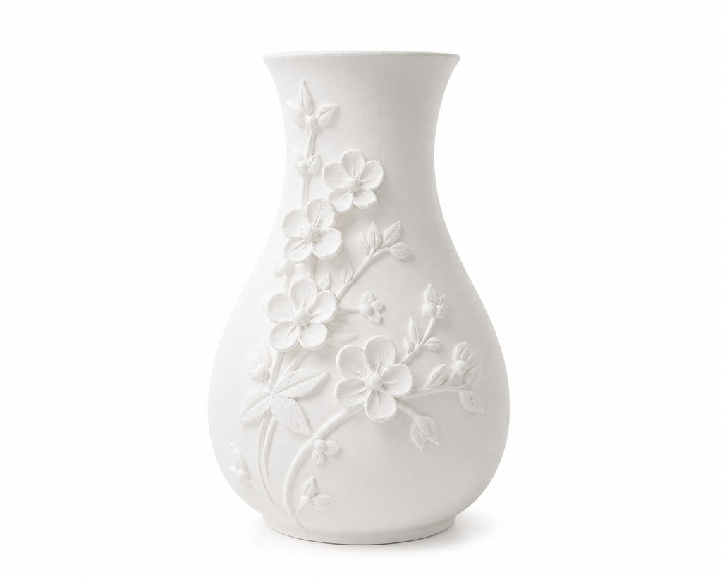 White Embossed Floral Vase, Decorative Flower Vase for Living Room and Tabletop Decor