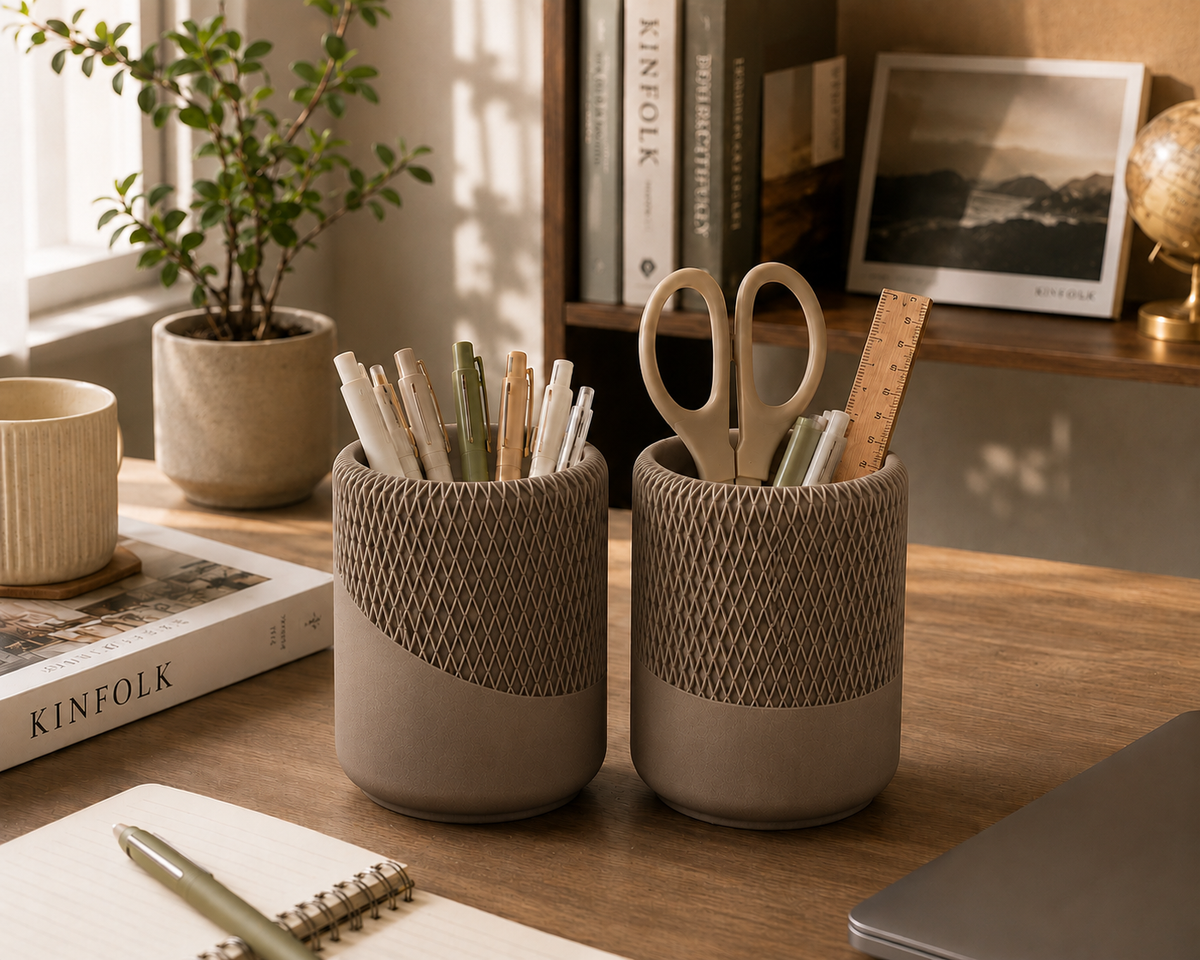 Modern Decorative Organizer Set of 2, Ribbed Vanity & Desktop Storage Cups
