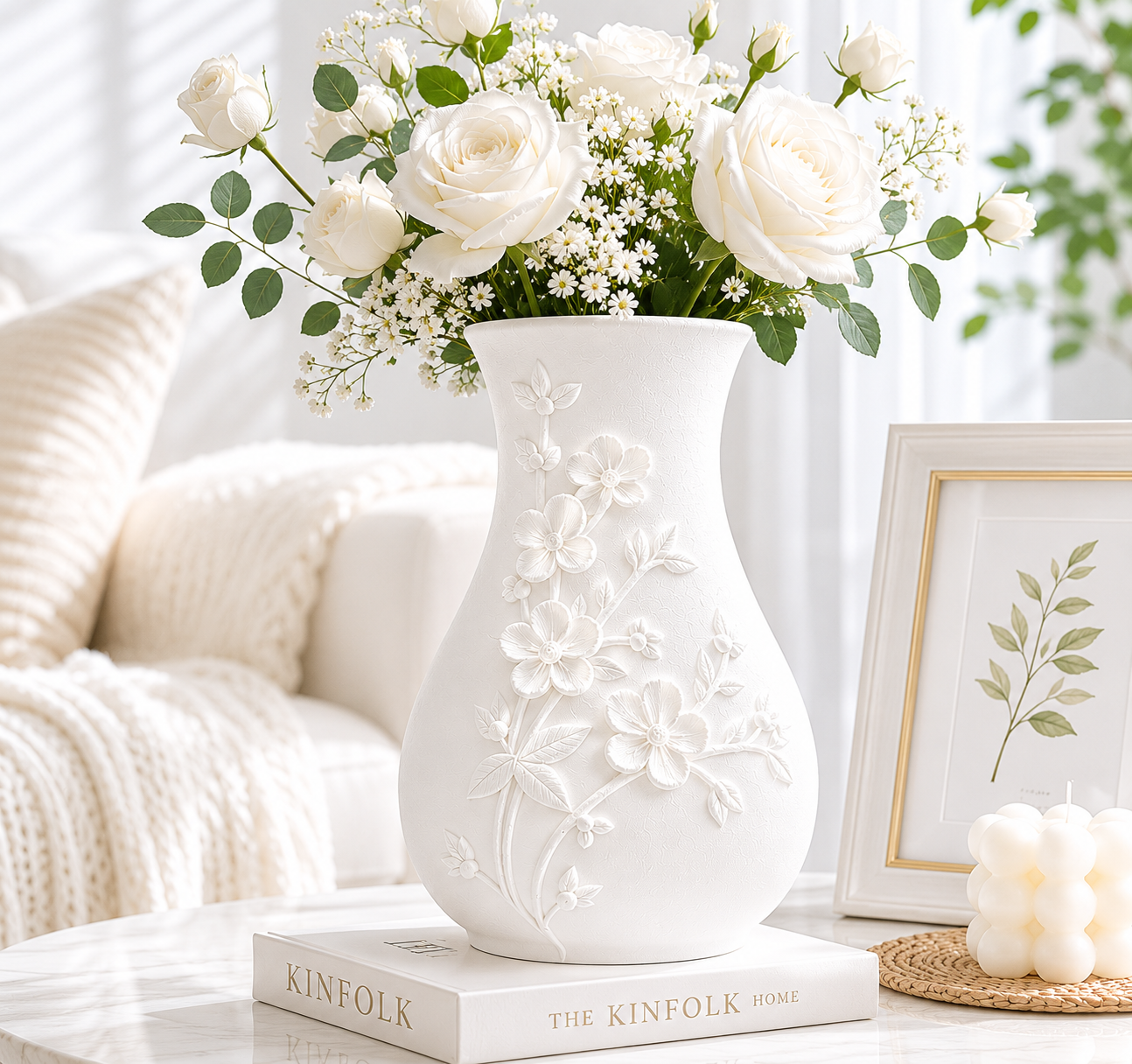 White Embossed Floral Vase, Decorative Flower Vase for Living Room and Tabletop Decor
