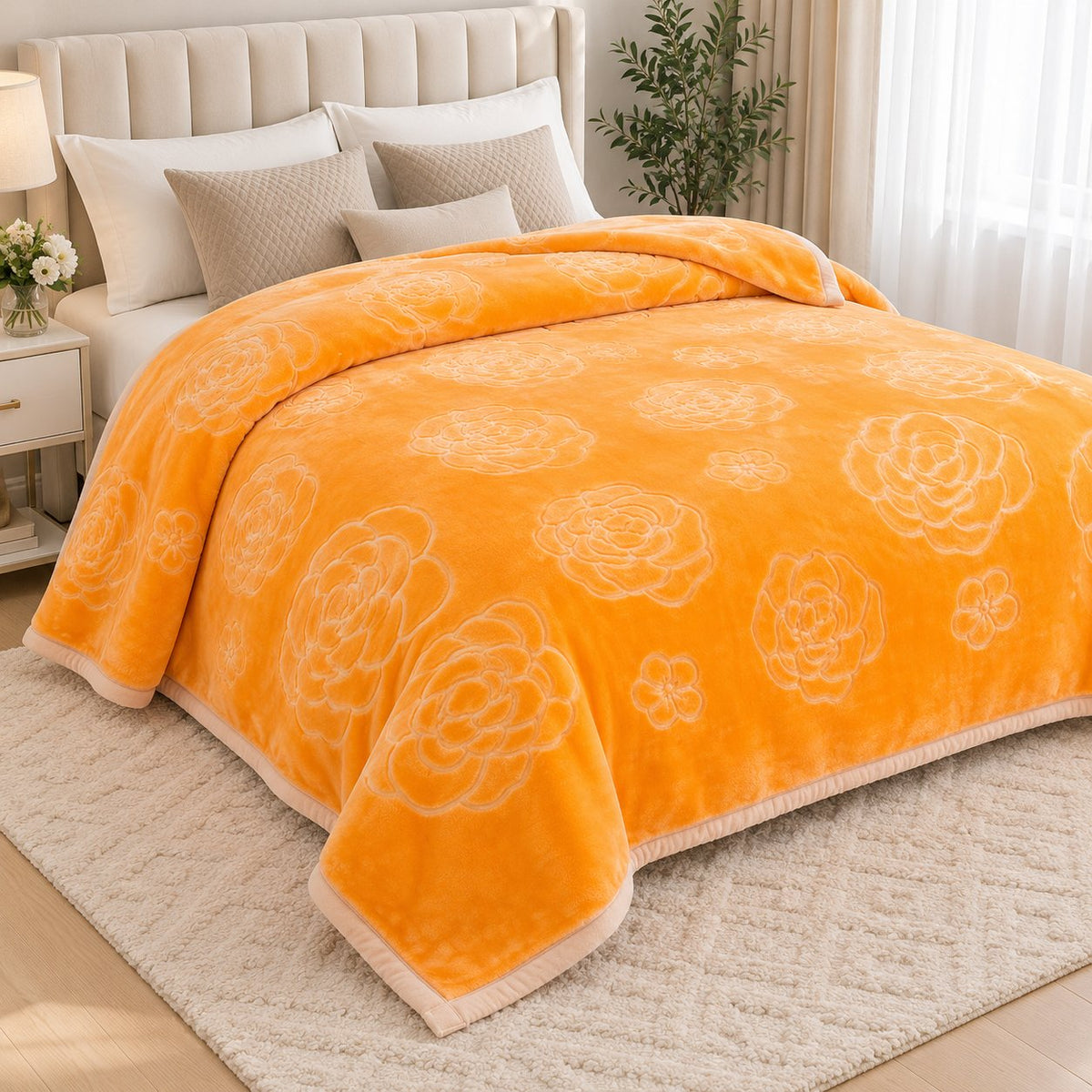Gold embossed floral mink fleece blanket, folded on white background