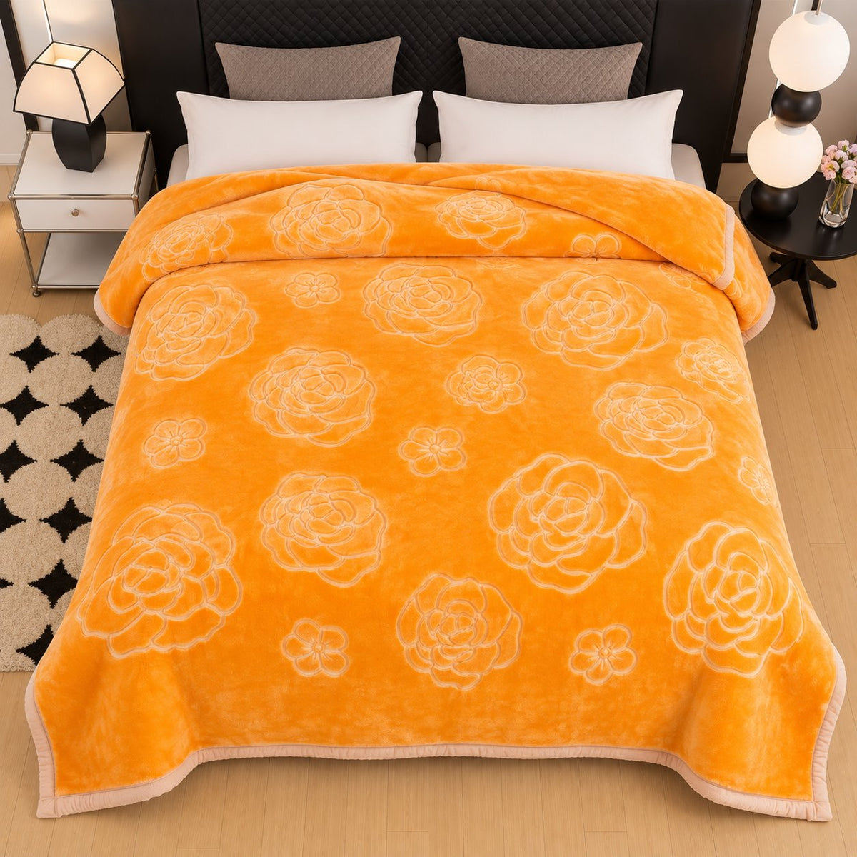 Gold embossed floral king blanket styled on bed