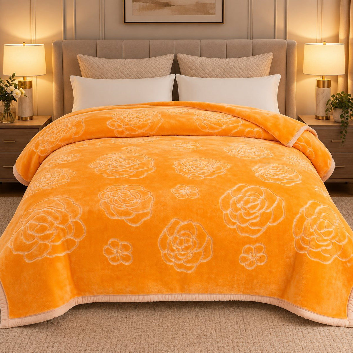 Gold embossed floral king blanket on bed