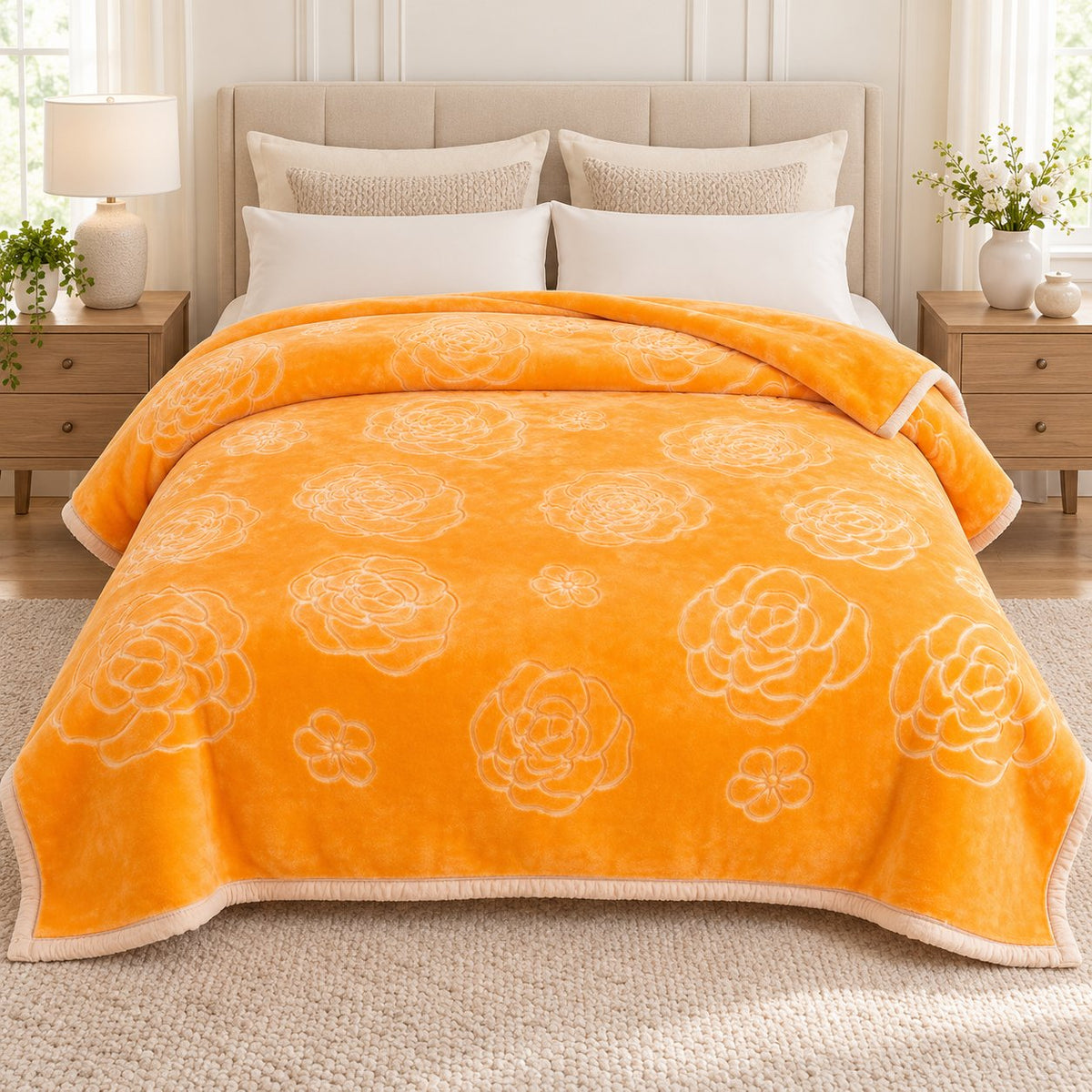 Gold embossed floral blanket on bed, white bedroom