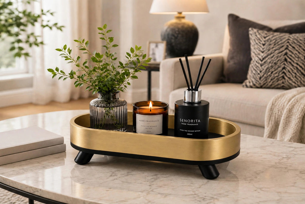 Gold oval tray on coffee table with vase, candle and diffuser
