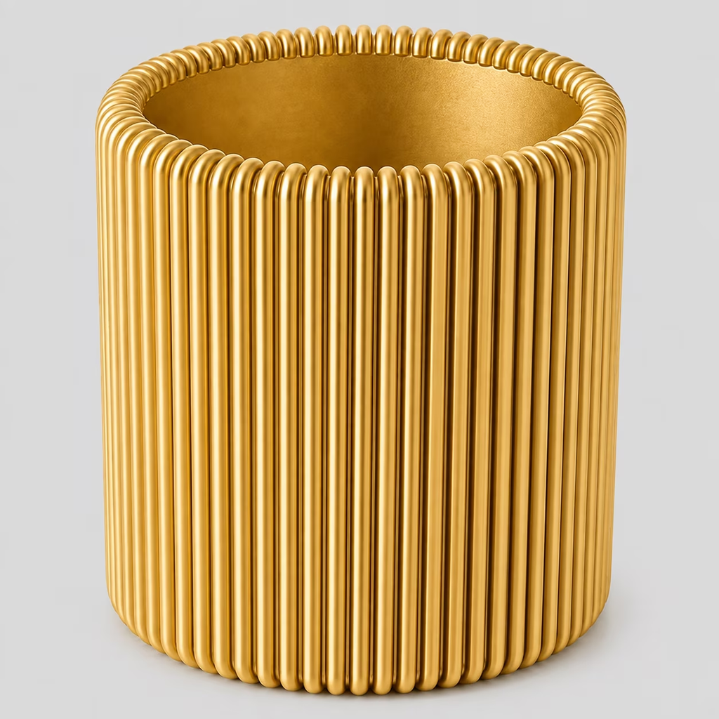 Gold modern ribbed pencil holder, front view on white background