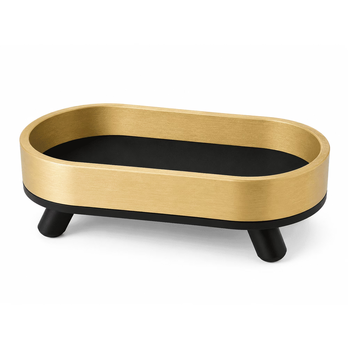 Gold and black oval decorative tray with feet, front view