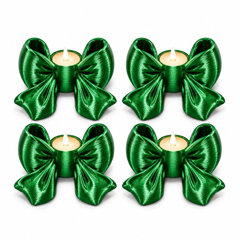 Set of 4 green Christmas bow tealight candle holders with LED candles