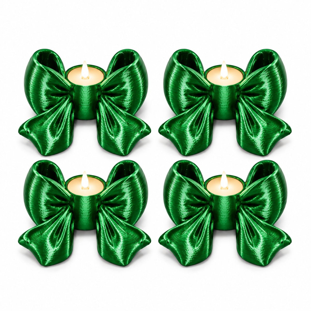 Set of 4 green Christmas bow tealight candle holders with LED candles