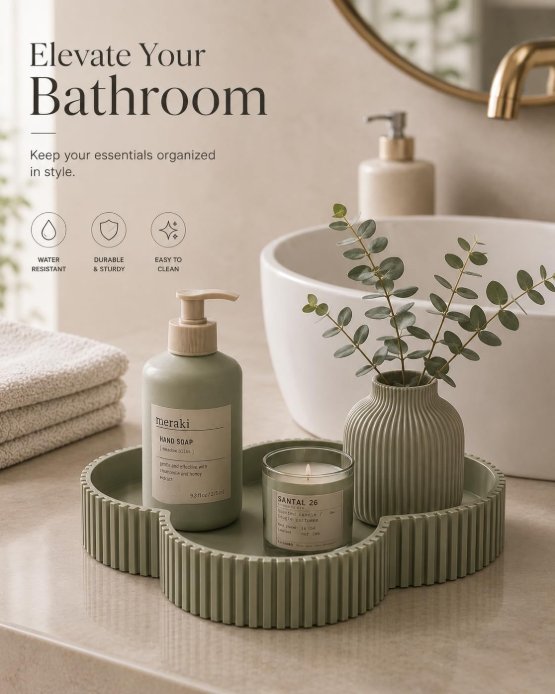 Green clover tray in bathroom with soap and candle