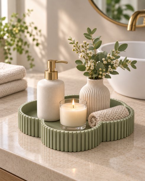 Green clover tray on bathroom counter with soap and vase