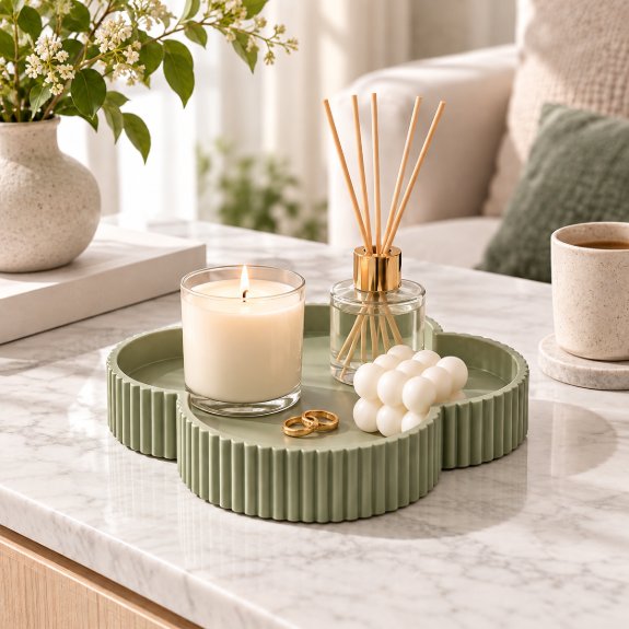 Green clover tray on coffee table with candle and diffuser