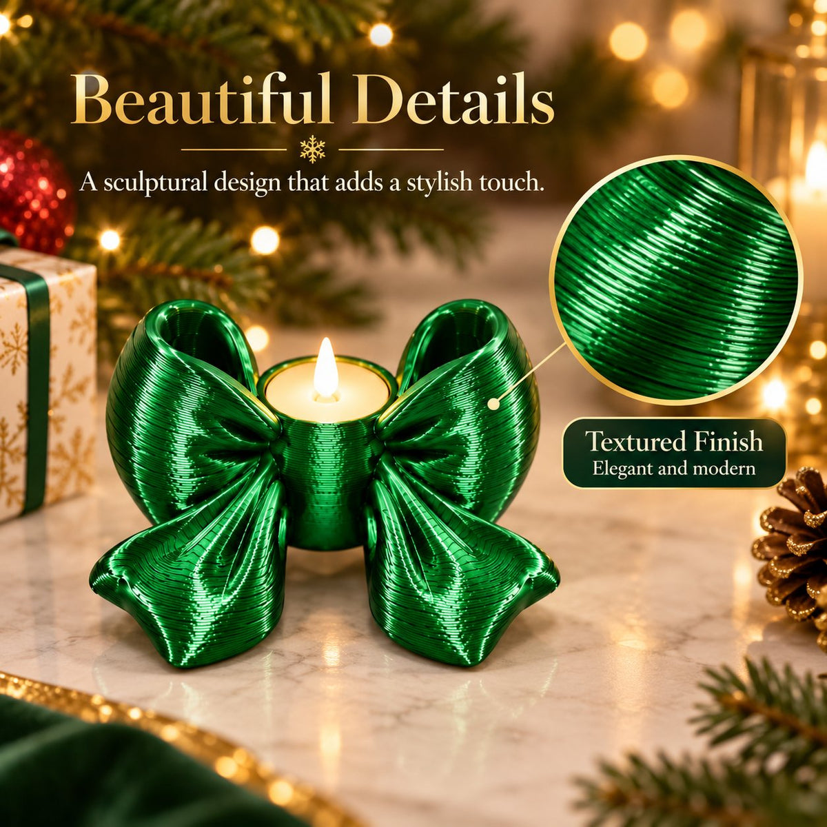 Green bow holder textured finish close-up detail