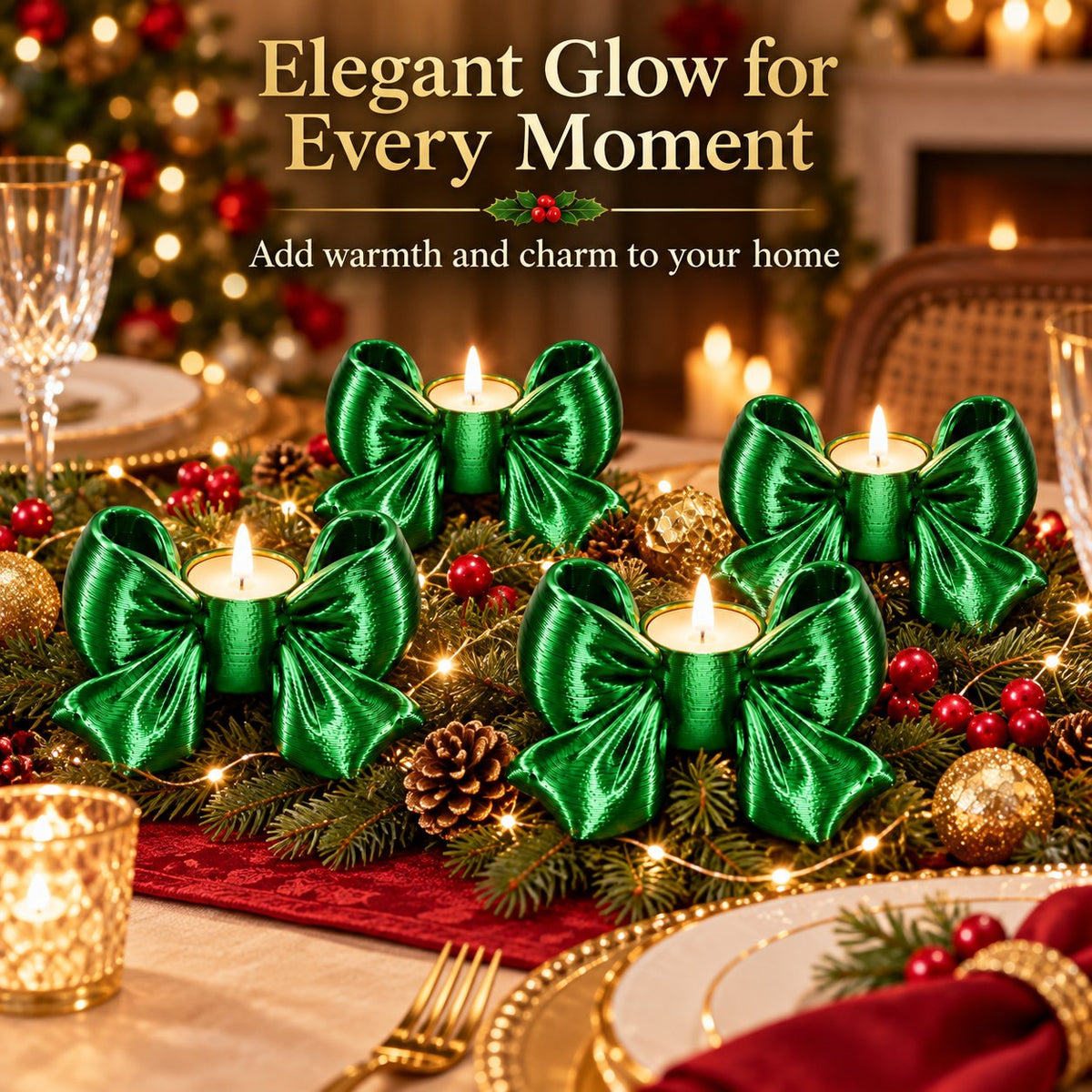 Green bow candle holders on Christmas dining table centerpiece