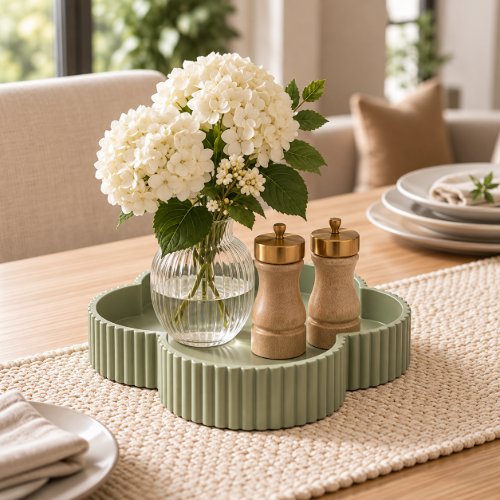 Green clover tray on dining table with flowers and salt pepper