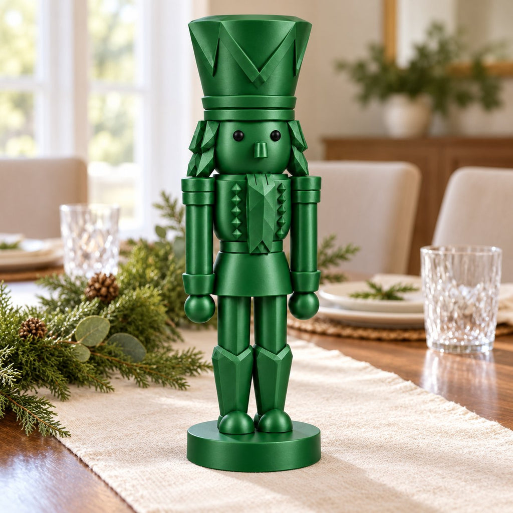 Emerald green nutcracker figurine as a dining table centerpiece