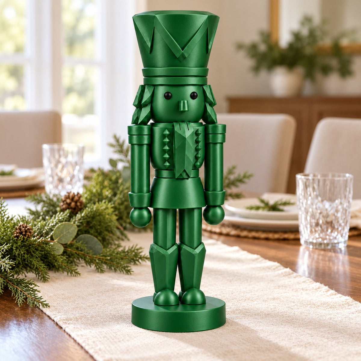 Emerald green nutcracker figurine as a dining table centerpiece