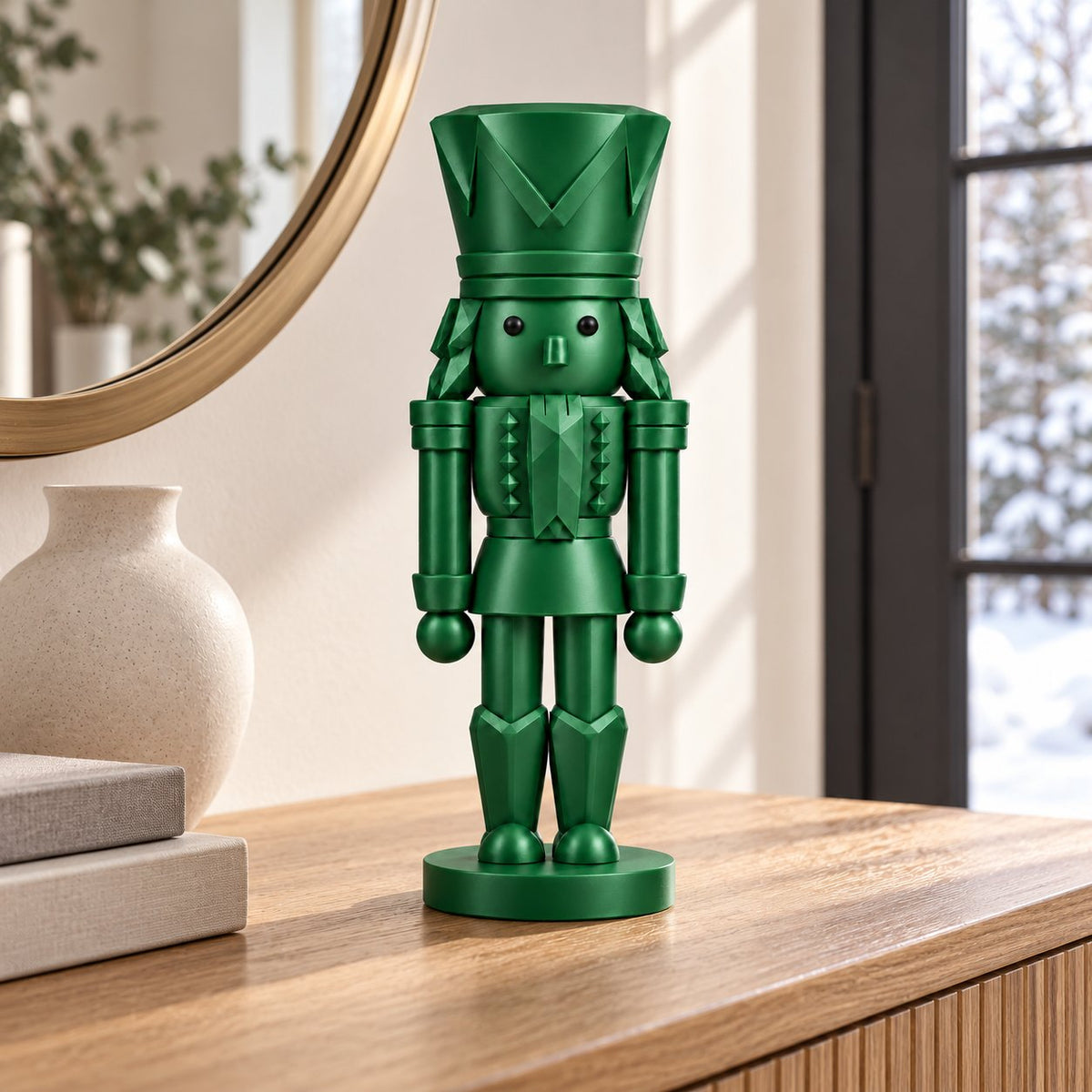 Emerald green nutcracker figurine on an entryway console table