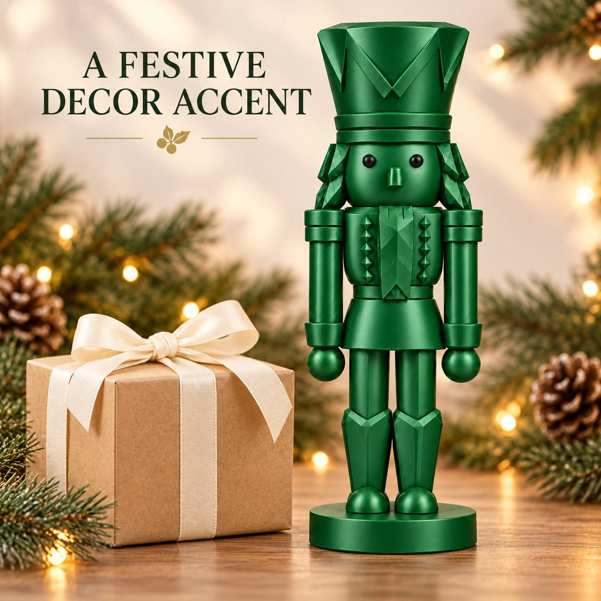 Emerald green nutcracker figurine beside a wrapped gift box