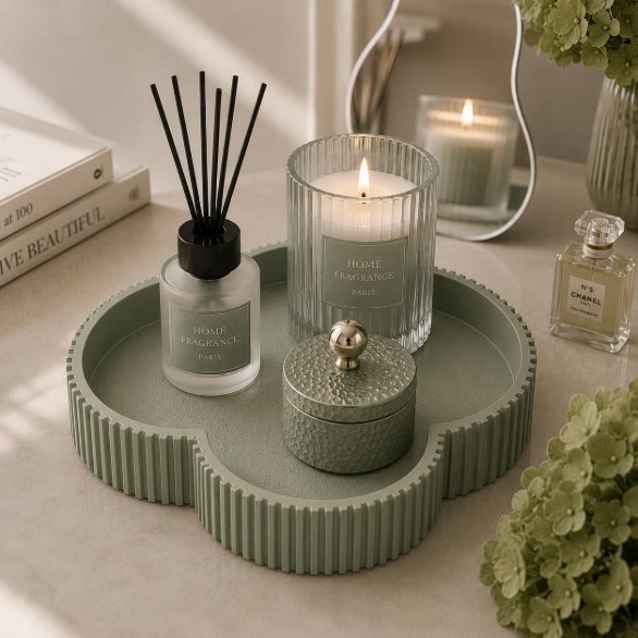 Green clover tray in living room with candle and diffuser
