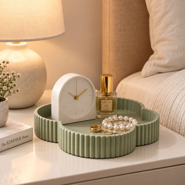 Green clover tray on nightstand with clock and jewelry