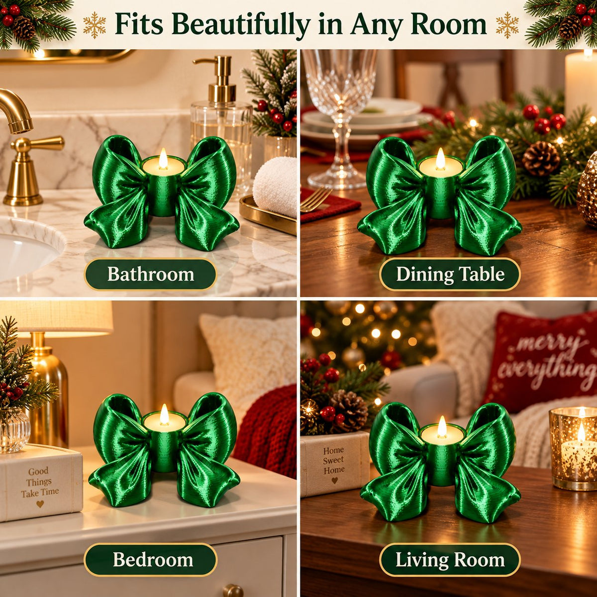 Green bow candle holder in bathroom, dining table, bedroom, living room