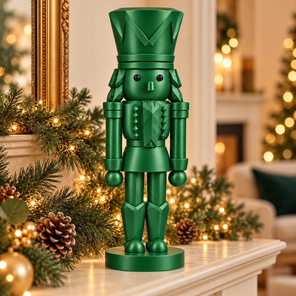 Emerald Green nutcracker figurine on a decorated mantel