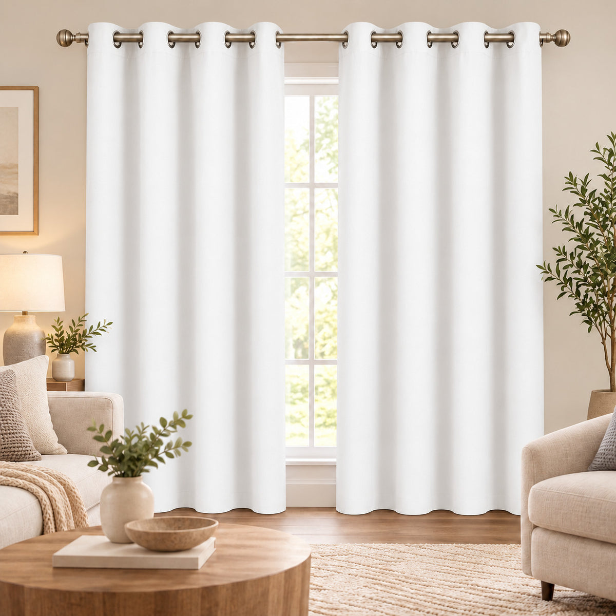 White blackout curtains in bright living room