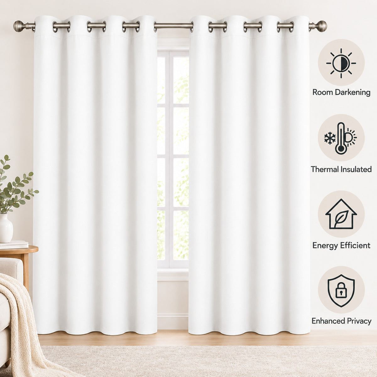 White blackout curtains in cozy living room