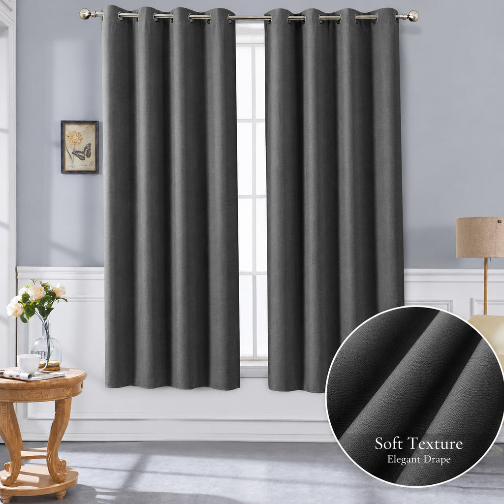 Gray blackout curtain panels, front view