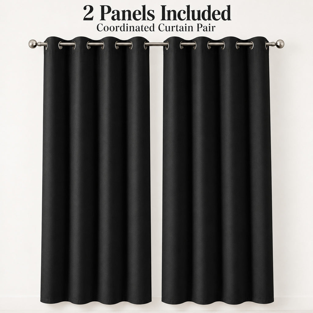 Black blackout curtain panels, front view