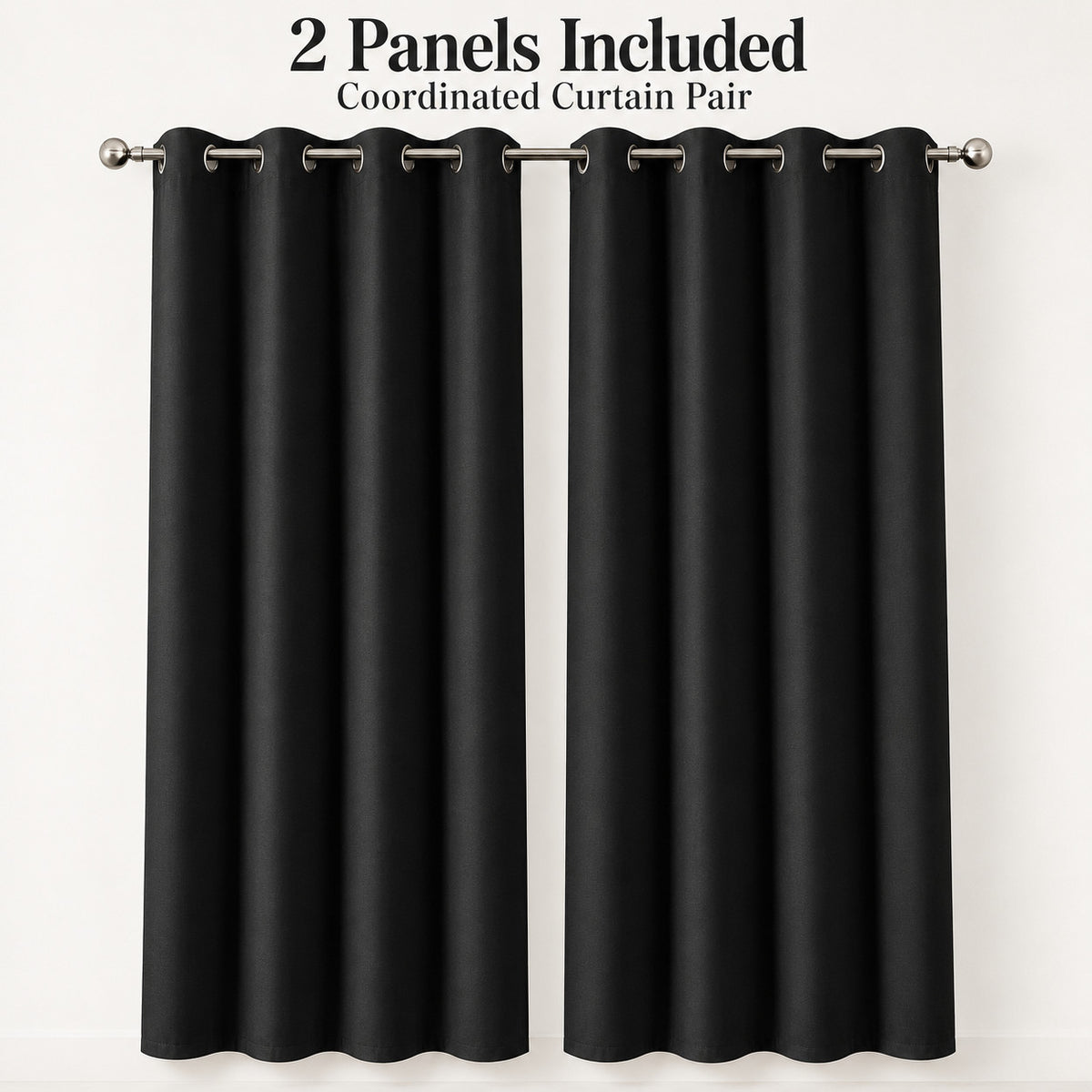 Black blackout curtain panels, front view