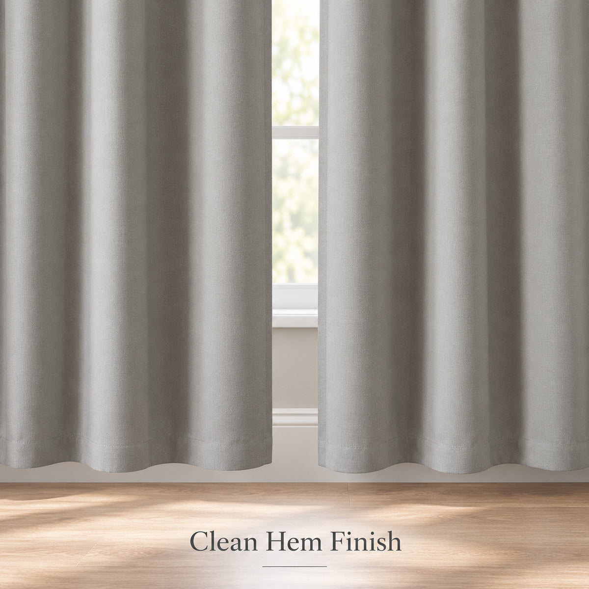 Light gray blackout curtain panels, front view