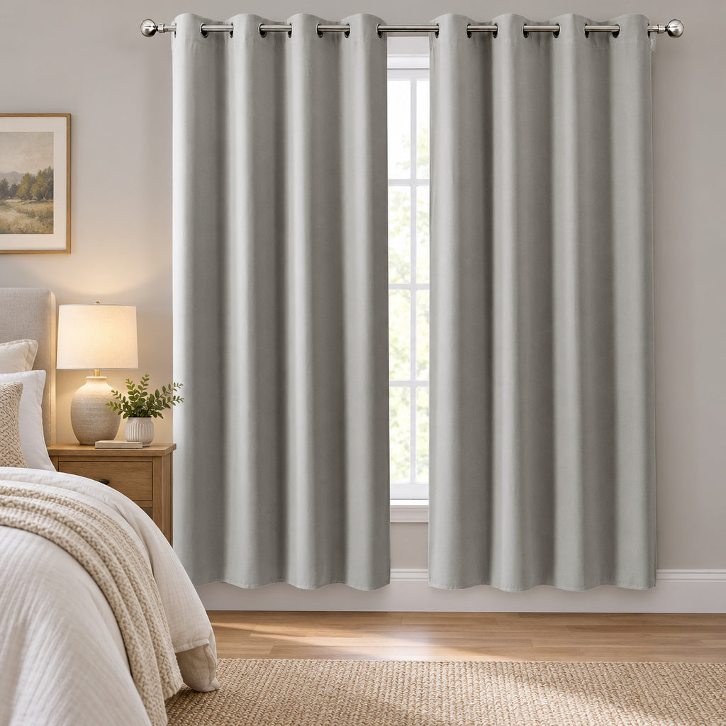Close-up of silver grommet top on light gray curtain