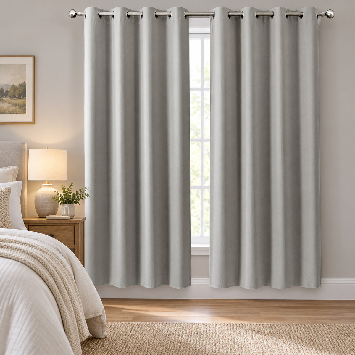 Close-up of silver grommet top on light gray curtain
