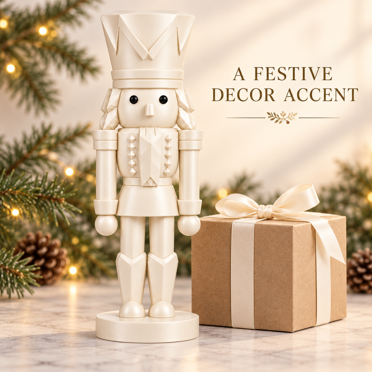 Ivory nutcracker figurine beside a gift box