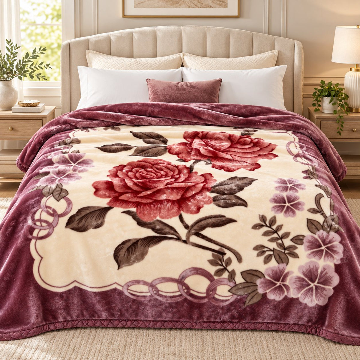 Rose floral king blanket styled on bed
