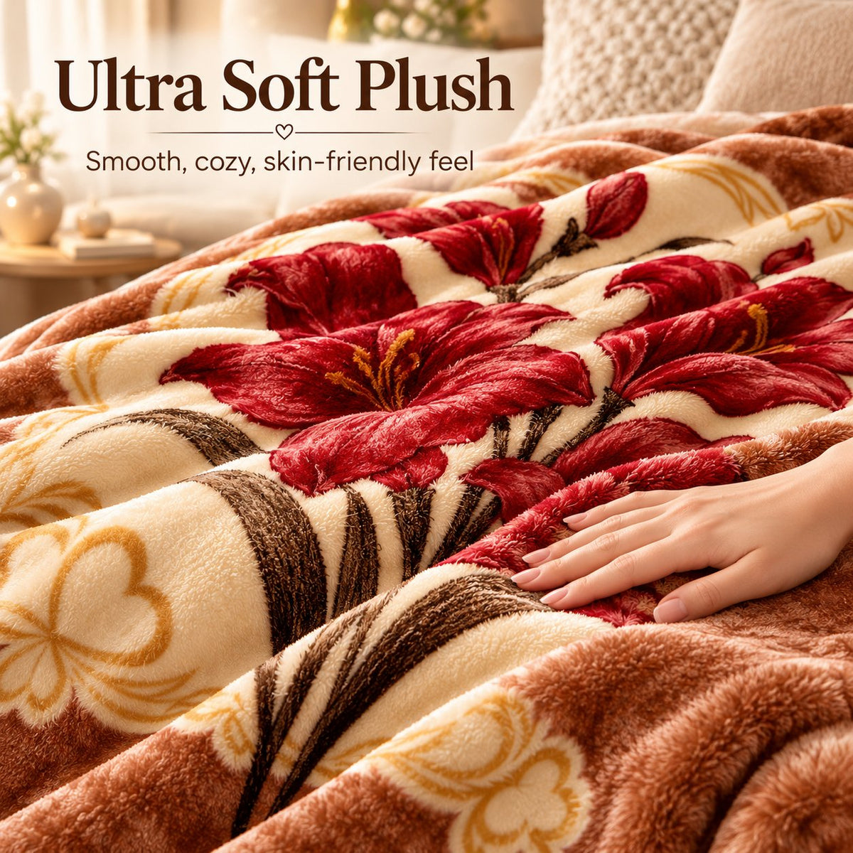 Close-up of ultra soft plush floral mink fleece