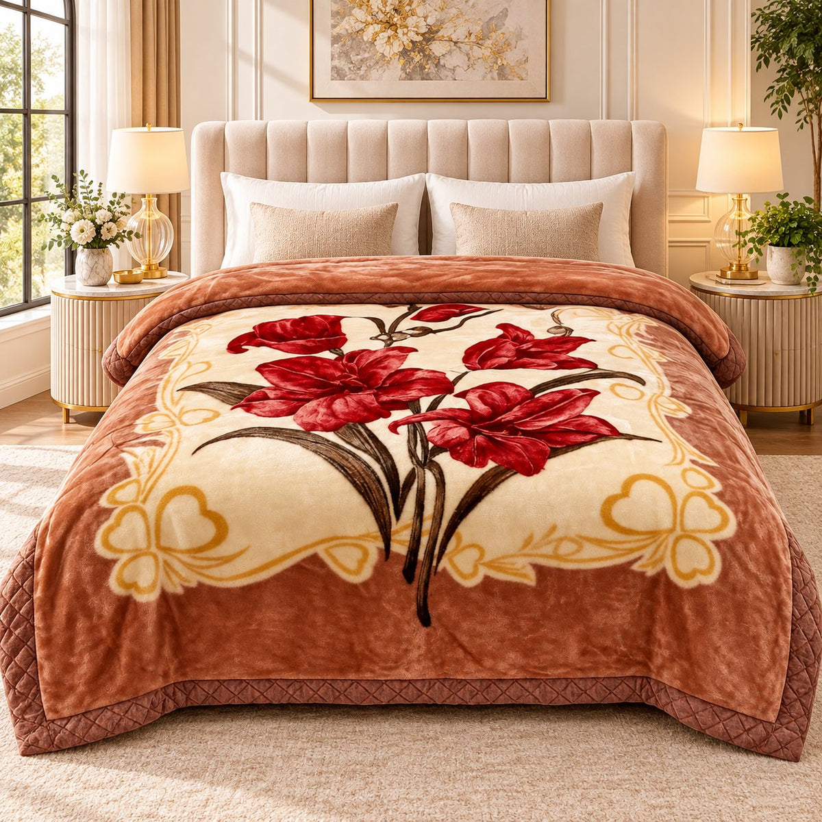 King floral blanket styled on bed in bright bedroom