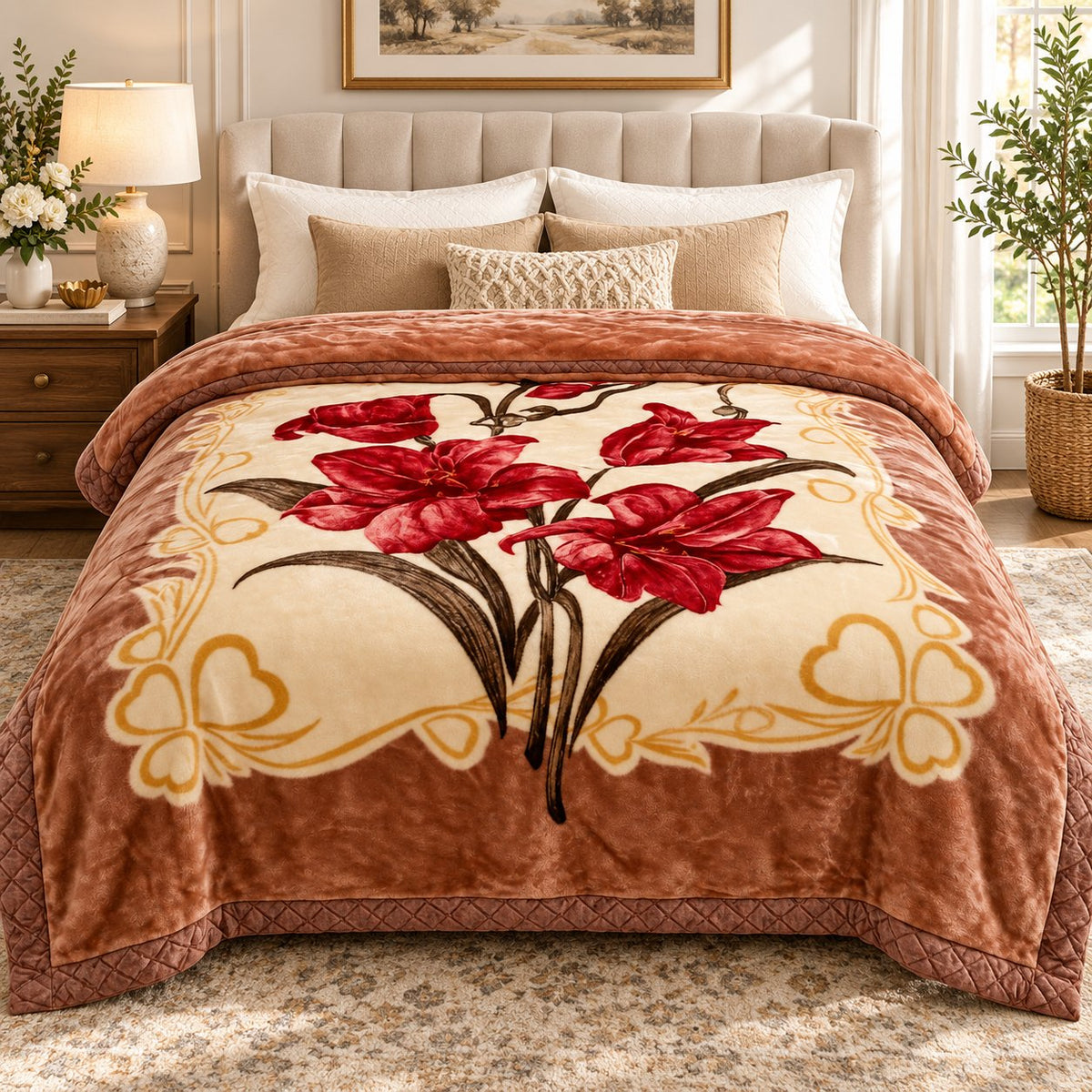 Floral king blanket on bed with decorative pillows
