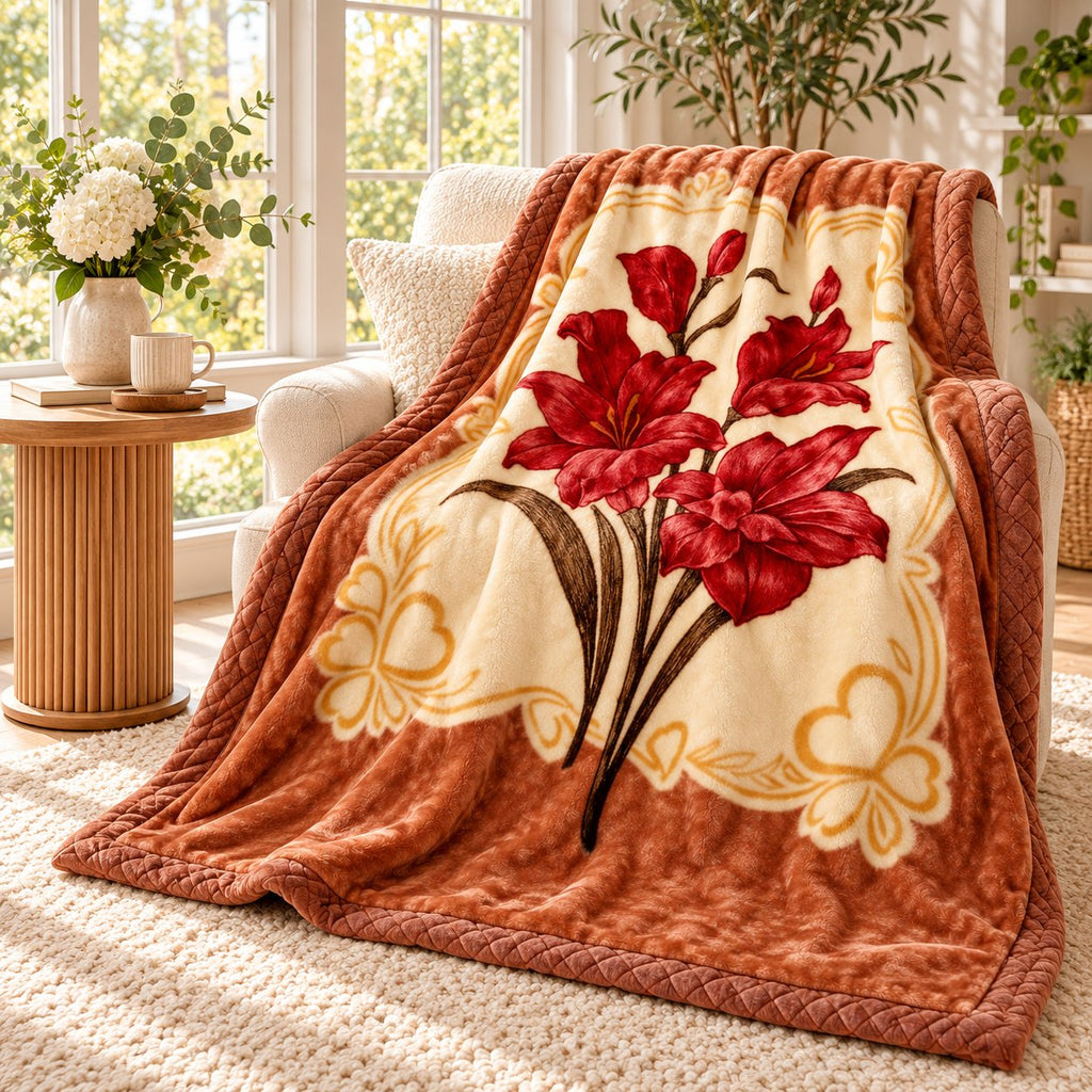 Floral mink blanket draped over armchair