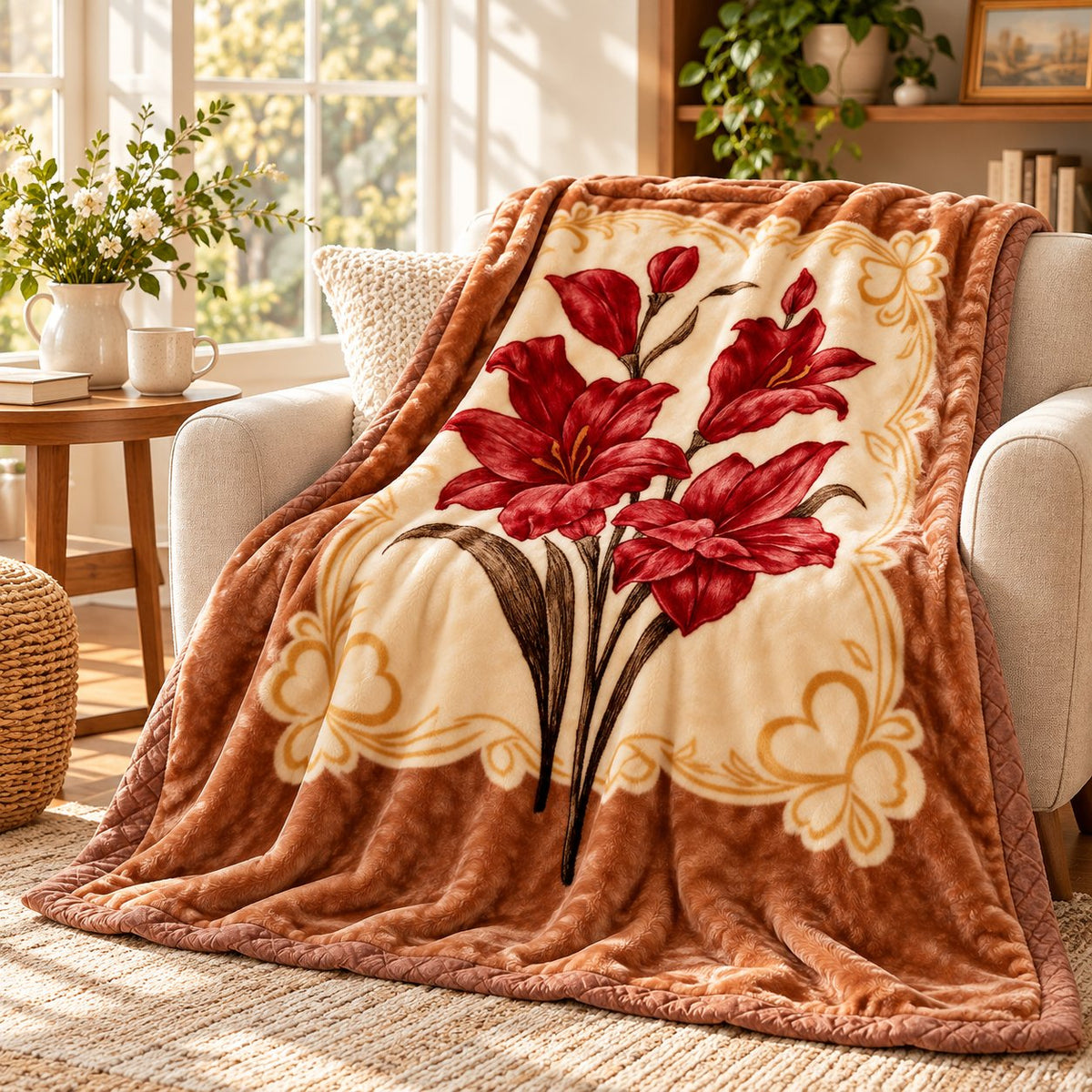 Floral blanket draped on accent chair by window