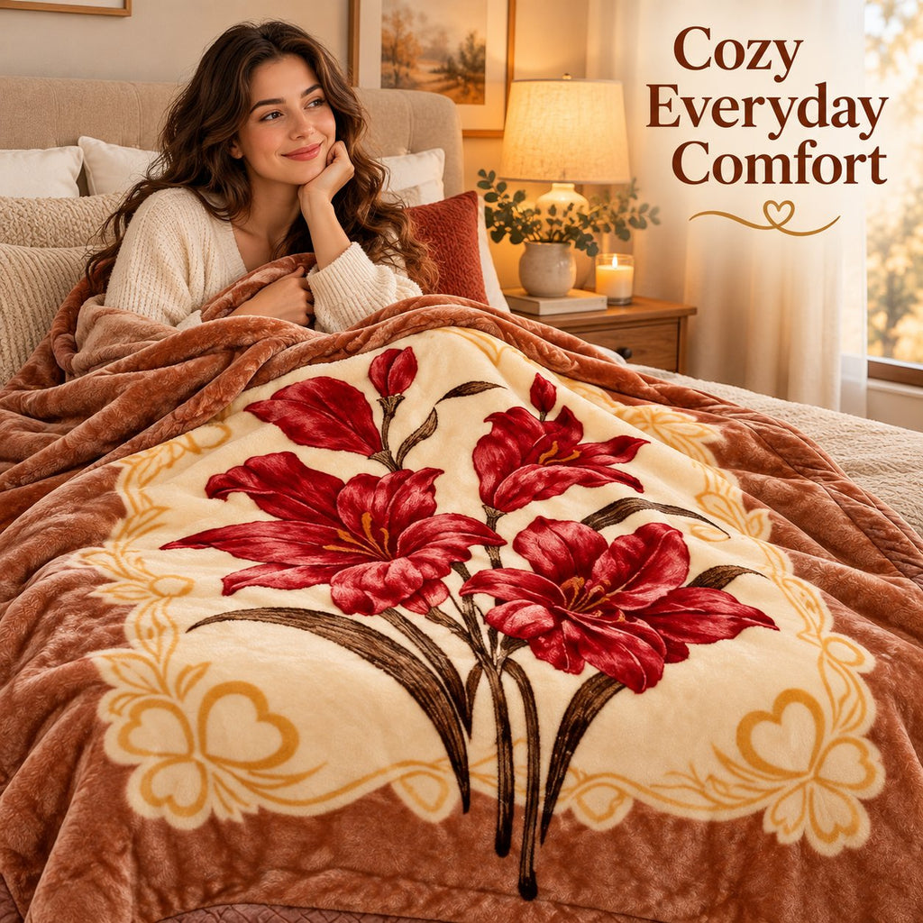 Cozy everyday comfort, woman relaxing with floral blanket